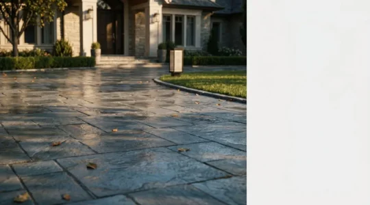A front residential driveway photographed at dusk with soft golden hour lighting, featuring subtle wet pavement reflections and autumn leaves scattered naturally, creating a contemplative scene about homeowner liability without any visible people or text