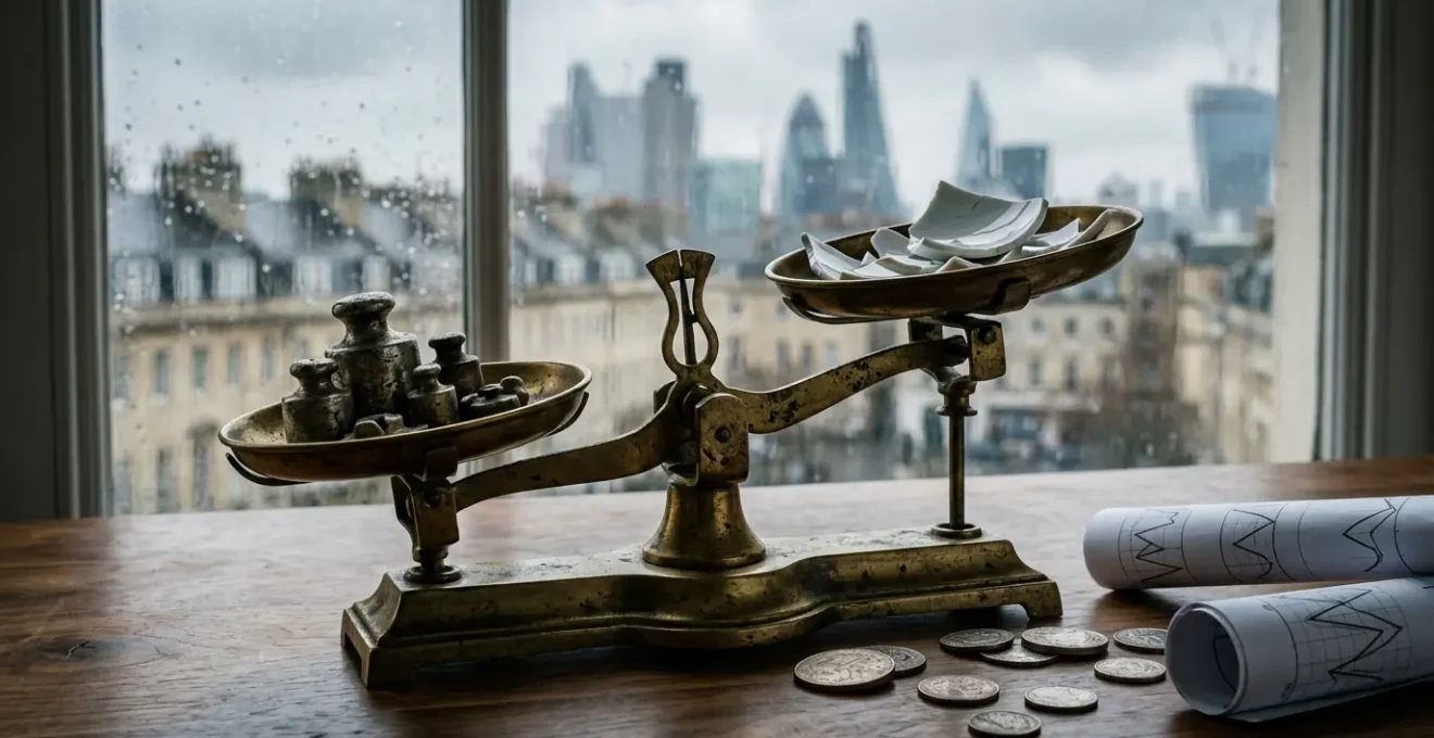 Professional investment portfolio analysis scene depicting economic uncertainty in modern Britain