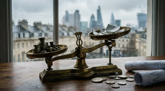 Professional investment portfolio analysis scene depicting economic uncertainty in modern Britain