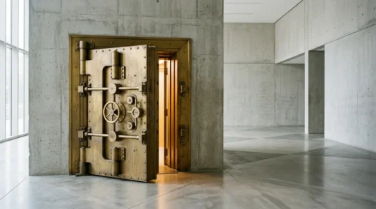 Financial security concept showing the interplay between traditional banking institutions and modern deposit protection frameworks in the United Kingdom