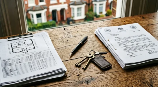 UK landlord reviewing legal documents and property inspection reports to defend against tenant disrepair claim