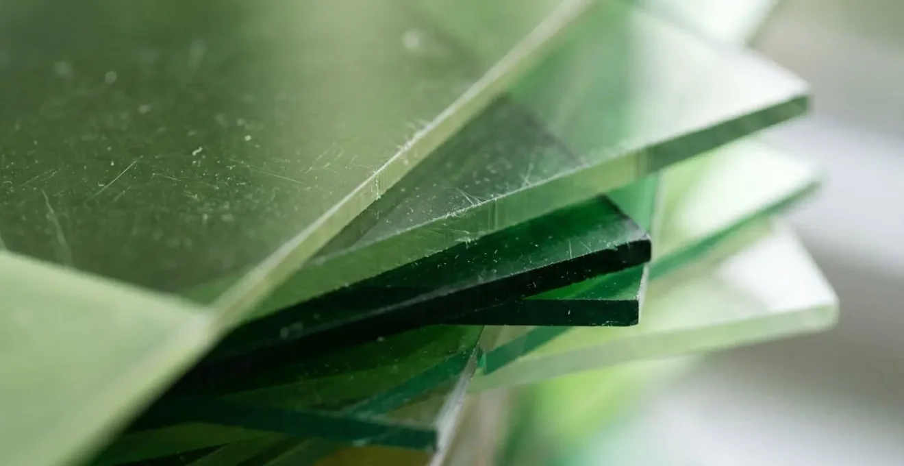 Macro close-up photograph revealing layered transparent materials representing overlapping investment holdings in clean energy sector