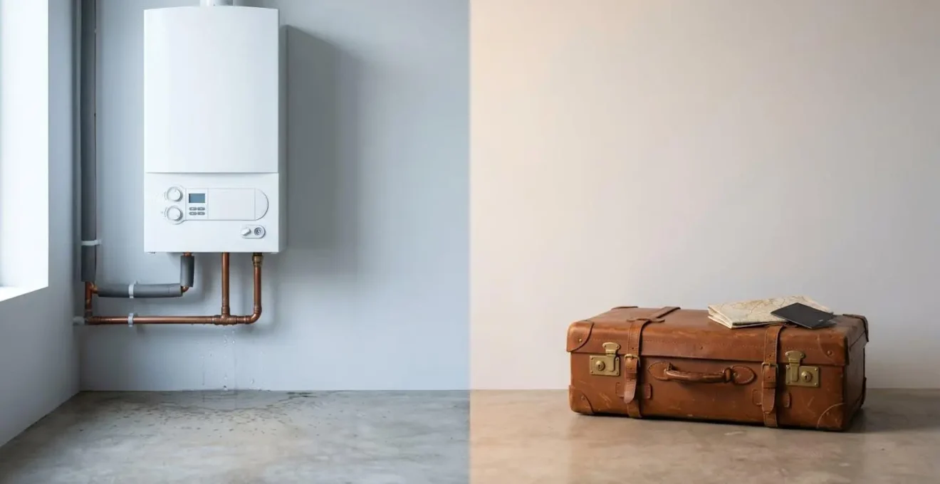 Two contrasting scenes showing a broken household boiler component alongside vacation luggage, representing the difference between genuine emergencies and planned expenses