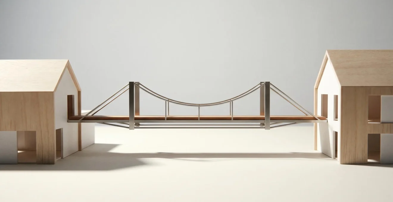Conceptual representation of bridging finance saving a broken property chain through rapid funding