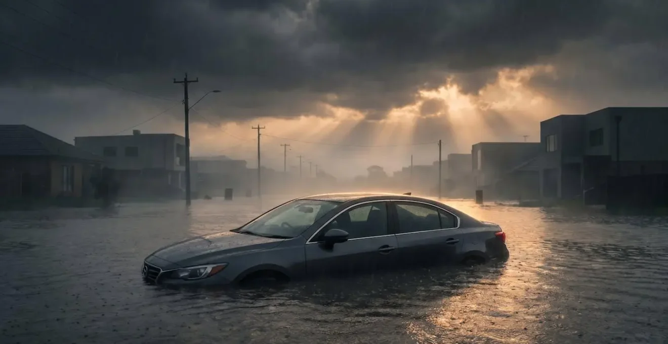 A modern car partially submerged in rising floodwater on a suburban street under dramatic storm clouds