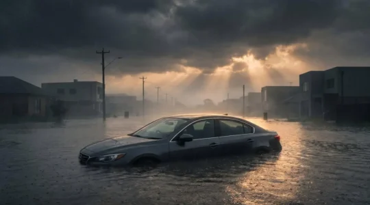 A modern car partially submerged in rising floodwater on a suburban street under dramatic storm clouds