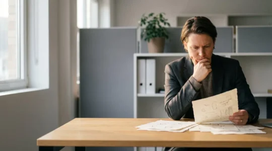 Professional contemplating employee health insurance benefits and tax implications in modern office setting