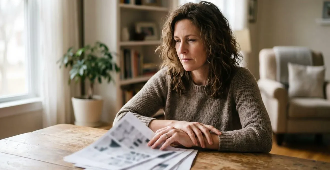 A contemplative individual reviewing financial documents in soft natural light, symbolizing the challenging financial decisions after a serious illness diagnosis