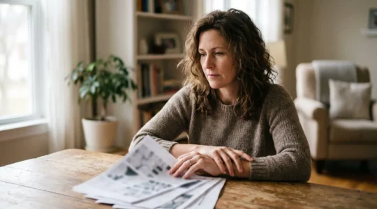 A contemplative individual reviewing financial documents in soft natural light, symbolizing the challenging financial decisions after a serious illness diagnosis