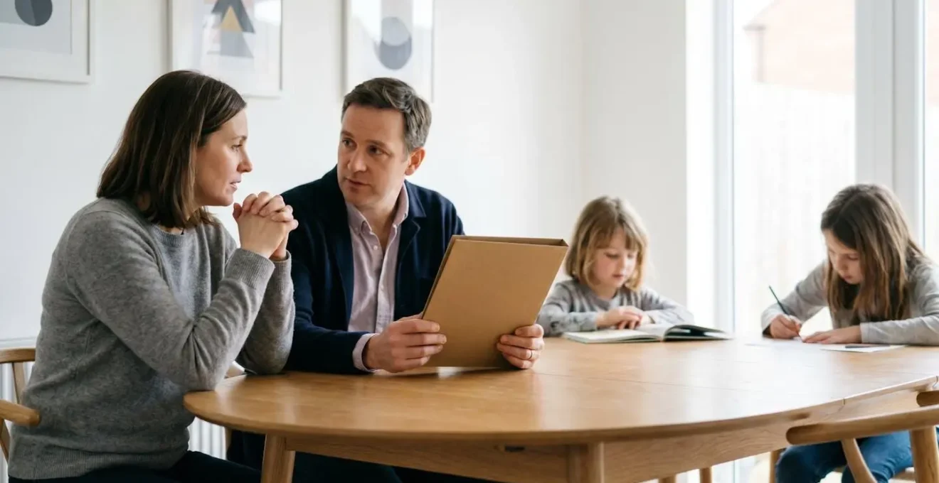 A family thoughtfully reviewing healthcare options in a modern British home setting