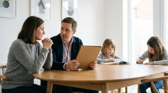 A family thoughtfully reviewing healthcare options in a modern British home setting