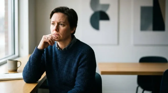 Professional in contemplative moment reviewing financial documents with natural window lighting