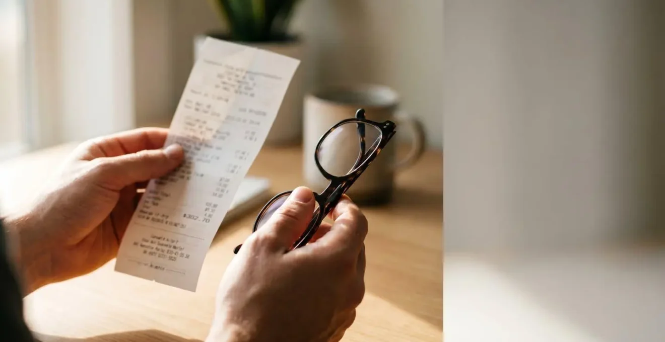 Close-up of a person holding a receipt and eyeglasses frames with natural light, showing the concept of claiming optical expenses back through a health cash plan
