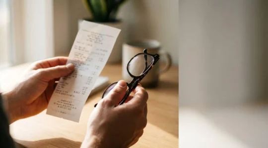 Close-up of a person holding a receipt and eyeglasses frames with natural light, showing the concept of claiming optical expenses back through a health cash plan