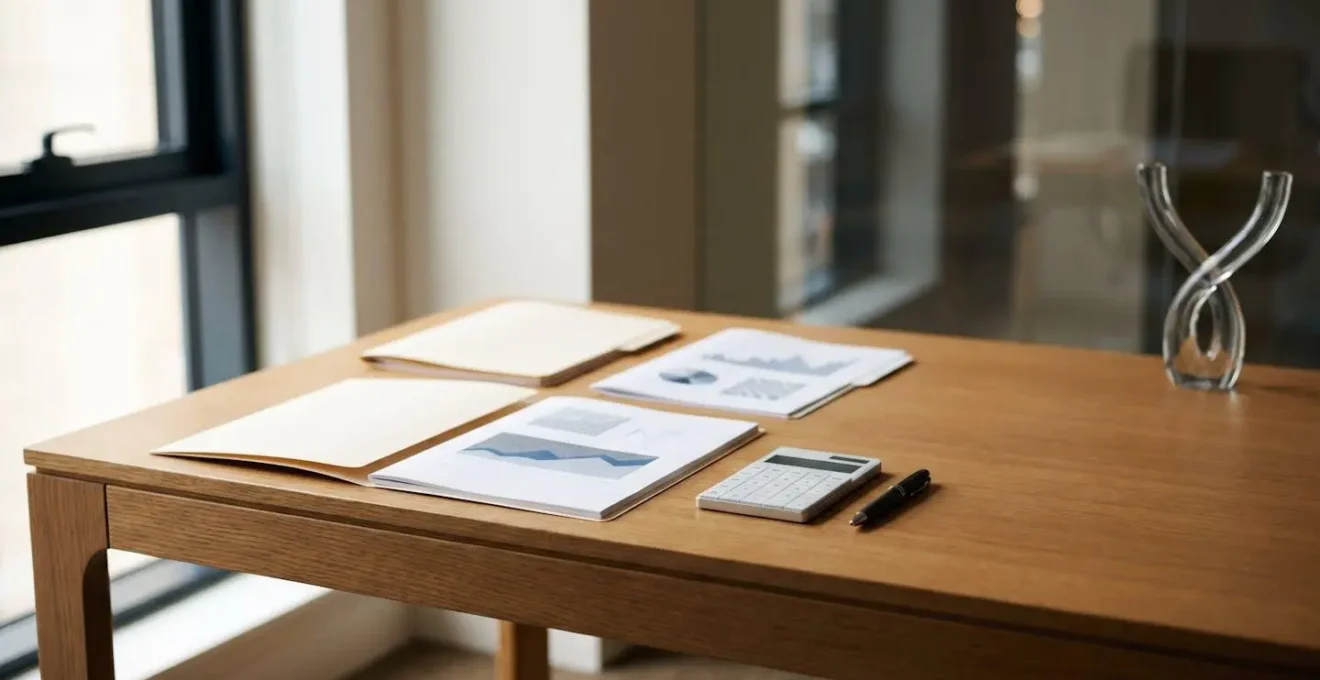 Professional financial consultation scene showing portfolio strategy documents and advisory tools in modern office setting