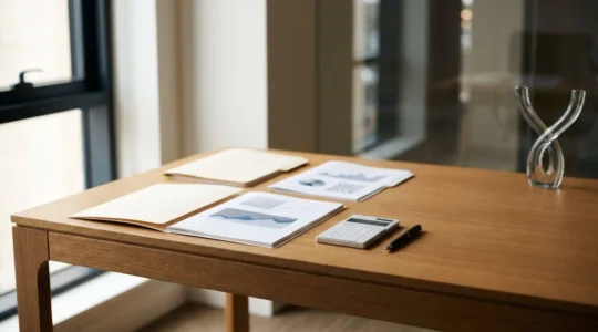 Professional financial consultation scene showing portfolio strategy documents and advisory tools in modern office setting