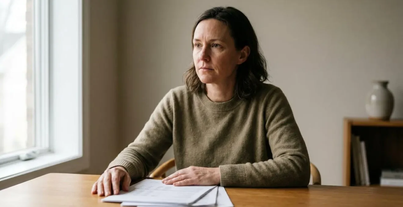A person sitting at a clean desk reviewing financial documents, with natural light creating a contemplative atmosphere