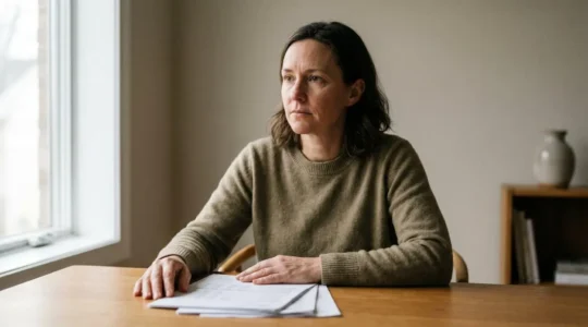 A person sitting at a clean desk reviewing financial documents, with natural light creating a contemplative atmosphere