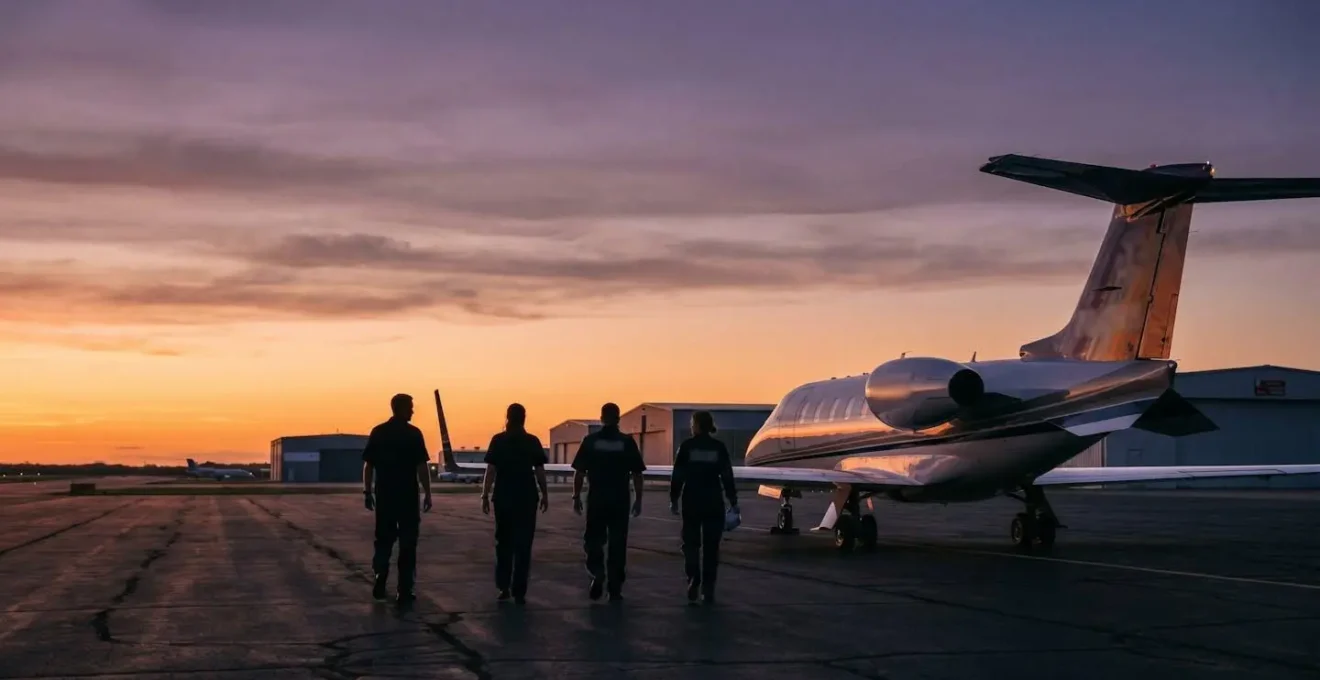 Wide-angle view of a medical air ambulance aircraft on a private airfield at dusk with medical crew preparing for an emergency evacuation flight