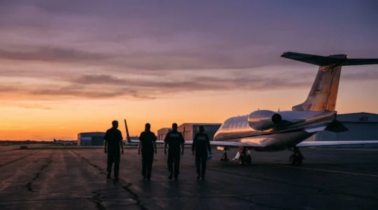 Wide-angle view of a medical air ambulance aircraft on a private airfield at dusk with medical crew preparing for an emergency evacuation flight