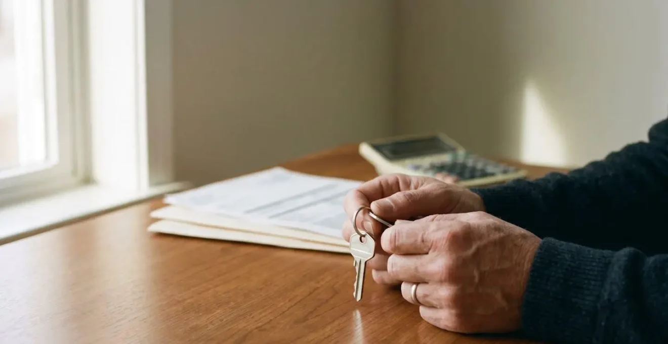 Close-up of hands reviewing financial documents with house keys symbolizing mortgage protection decisions
