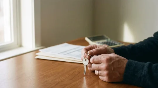 Close-up of hands reviewing financial documents with house keys symbolizing mortgage protection decisions