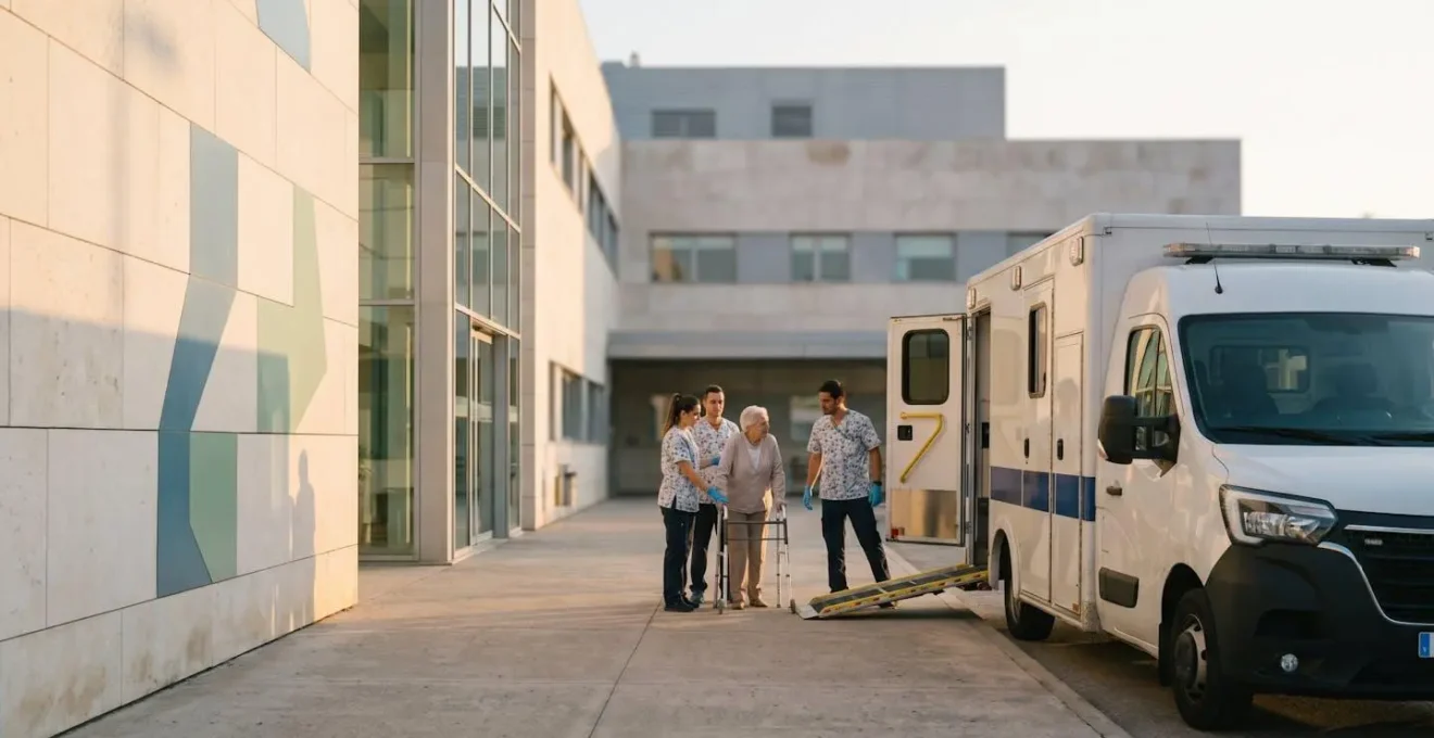 Professional medical transport scene illustrating non-emergency patient transfer to rehabilitation facility