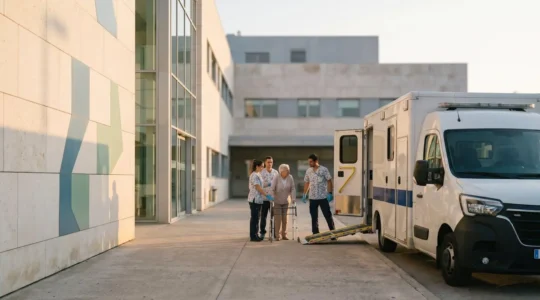 Professional medical transport scene illustrating non-emergency patient transfer to rehabilitation facility