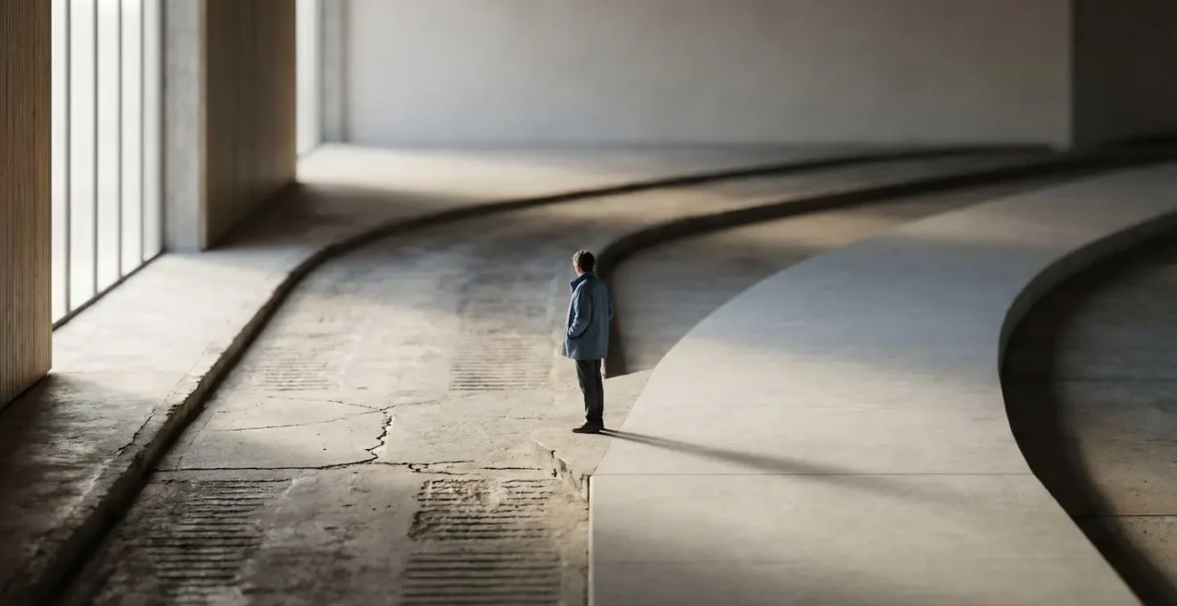 Professional contemplating financial protection decisions at crossroads between traditional and modern insurance paths
