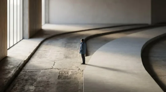 Professional contemplating financial protection decisions at crossroads between traditional and modern insurance paths