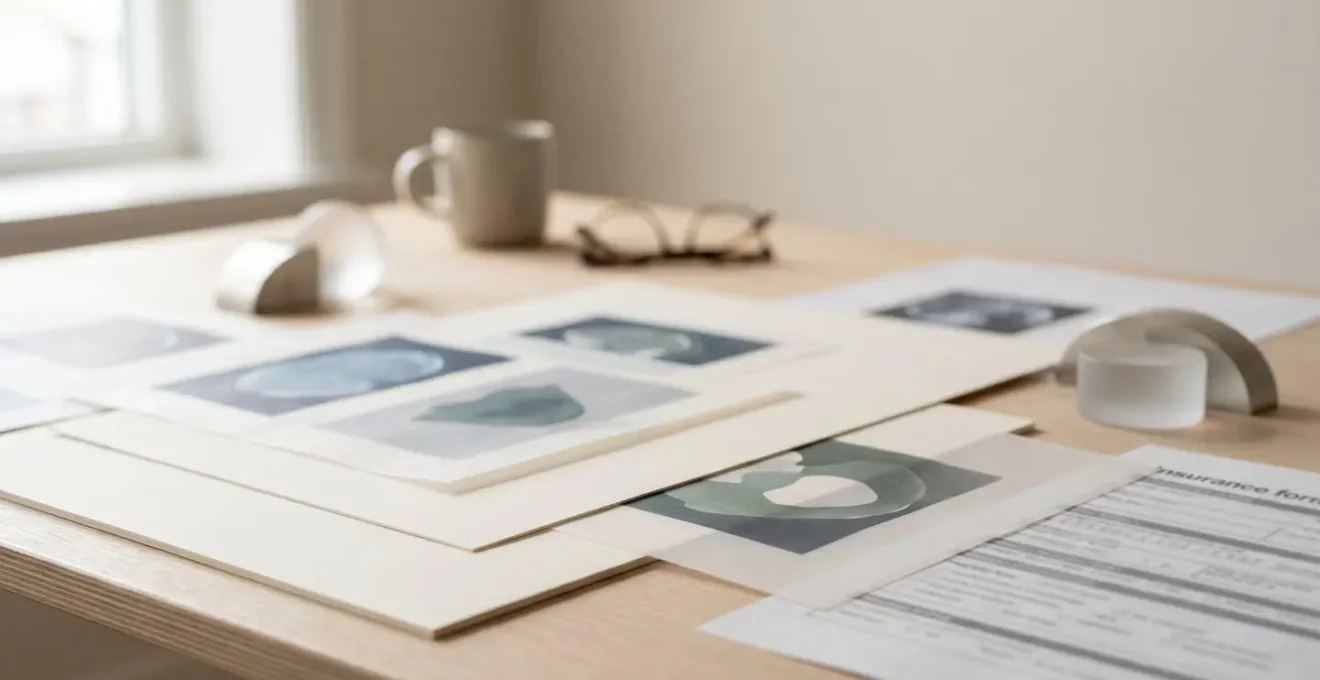 Professional editorial photograph showing medical documents and insurance paperwork on a modern desk with soft natural lighting