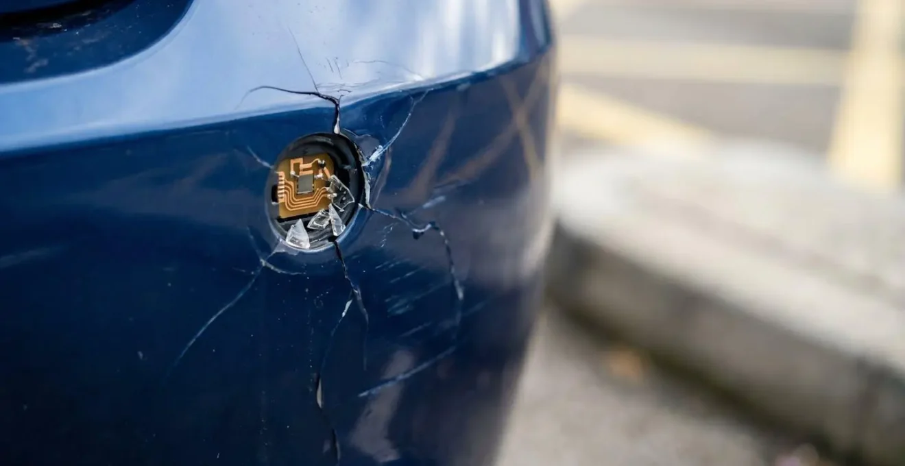 Close-up view of modern car rear bumper sensor damage from bollard collision in parking area