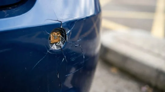 Close-up view of modern car rear bumper sensor damage from bollard collision in parking area